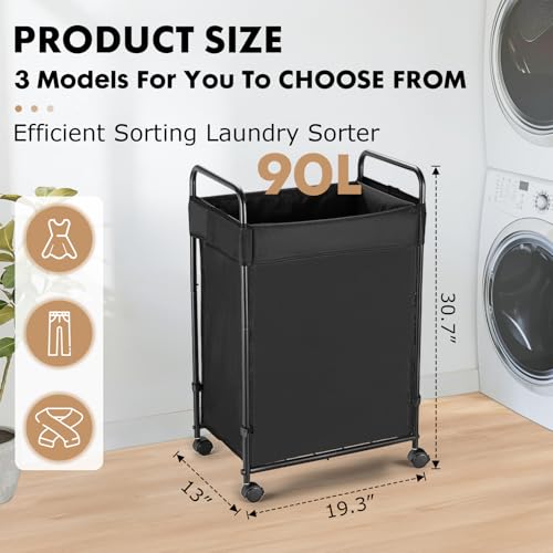 90L Laundry Hamper with Wheels, Rolling Laundry Sorter cart with Metal Frame and Removable Liner, Dirty Clothes Hampers for Bedroom, Laundry Room, Bathroom - size: S