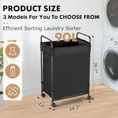 90L Laundry Hamper with Wheels, Rolling Laundry Sorter cart with Metal Frame and Removable Liner, Dirty Clothes Hampers for Bedroom, Laundry Room, Bathroom - size: S