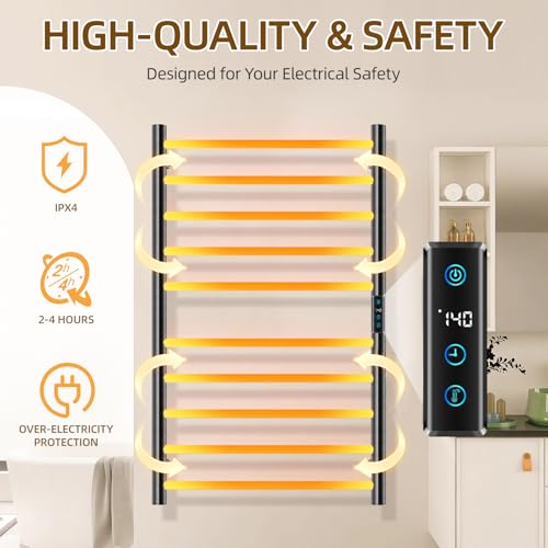 10 Bar Electric Towel Warmer Rack, Heated Towel Rack Wall Mounted, Black | Smart LED Control Time & Temp, IPX4 Waterproof Stainless Steel, Plug-in, Fast Heating Large Capacity for Bathroom Spa Gym - size: 10 Bars