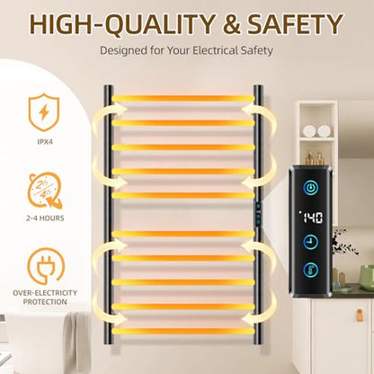 10 Bar Electric Towel Warmer Rack, Heated Towel Rack Wall Mounted, Black | Smart LED Control Time & Temp, IPX4 Waterproof Stainless Steel, Plug-in, Fast Heating Large Capacity for Bathroom Spa Gym - size: 10 Bars