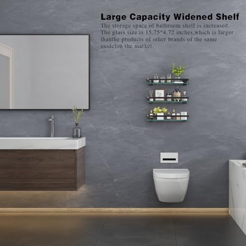 Bathroom Wall Shelf 15.7in Bathroom Glass Shelves Wall Mount Glass Shelf Rustproof Bathroom Wall Organizer 3 Tier (Black) - style: 3 tier without towel bar black