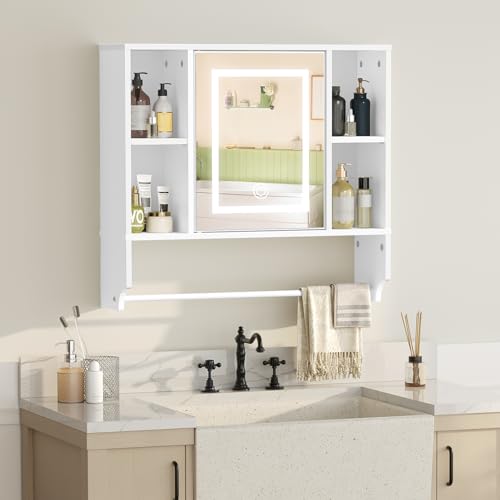MAHANCRIS Bathroom Wall Cabinet with Mirror, Wall Mounted Medicine Cabinet with Color Adjustment LED Lights, Mirrored Over The Toilet Storage Cabinet with Adjustable Shelves, 23.6''W x 21.6''H, White - color: White
