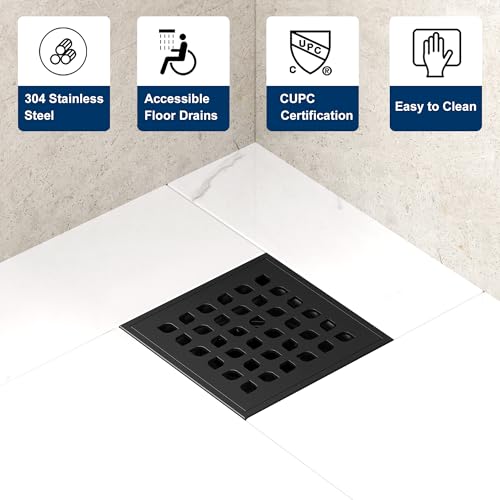 Neodrain 4 Inch Matte Black Square Shower Drain High Flow Floor Drain | Low Profile Drain Cover Removable Stainless Steel 304 Grate with Hair Catcher,Lifting Hook and PVC Drain Base - color: Matte Black, size: 4 In
