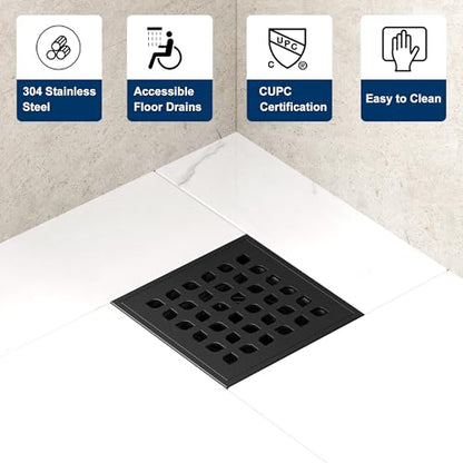 Neodrain 4 Inch Matte Black Square Shower Drain High Flow Floor Drain | Low Profile Drain Cover Removable Stainless Steel 304 Grate with Hair Catcher,Lifting Hook and PVC Drain Base - color: Matte Black, size: 4 In