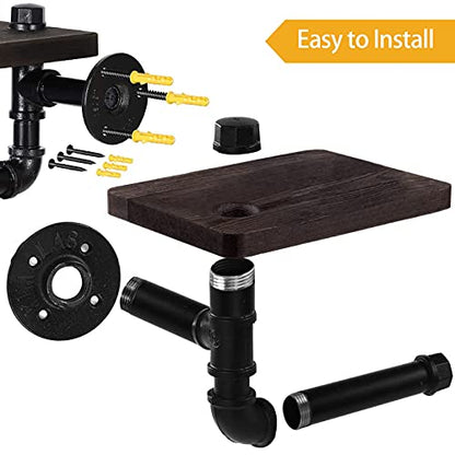Toilet Paper Holder with Shelf, Industrial Wall Mounted Tissue Roll Hanger with Rustic Wooden Shelf for Bathroom, Washroom (Black)