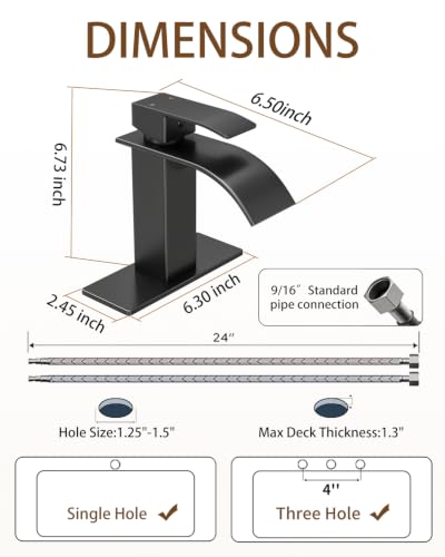 Waterfall Single Handle Bathroom Sink Faucet with Drain Black | Matte Black Vanity Faucet with Pop-up Drain, Ceramic Valve, for 1 or 3 Hole Modern Bathrooms. - color: Matte Black