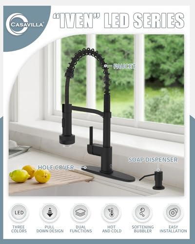 Black Kitchen Faucet with Soap Dispenser, Faucet with Light, Faucet for Camper Farmhouse RV Kitchen Sink, Single Handle Stainless Steel Kitchen Sink Faucets with Pull Down Sprayer - color: A-Matte Black, style: Contemporary