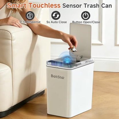 Solar Automatic Bathroom Trash Can: 2.6 Gallon Small Motion Sensor Garbage Can, No Charging Required, Slim Smart Touchless Trash Bin with Lid for Bedroom, Living Room, Office, RV, White - size: 2.6 gallons