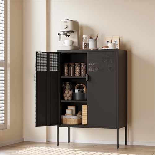 COFaR Black Metal Cabinet with Adjustable Shelves, 47”H Industrial Buffet Sideboard & Coffee Bar Station, Ventilated Steel Storage Cabinet with Magnetic Doors for Kitchen, Office, Living Room - color: Black, size: 47"H with Mesh