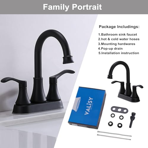 Lead-Free Antique 2 Handle Bathroom Sink Faucet, 360° Swivel High-Arc Spout 4-Inch Centerset Lavatory Vanity Faucets Set with Drain & Water Hoses, Matte Black
