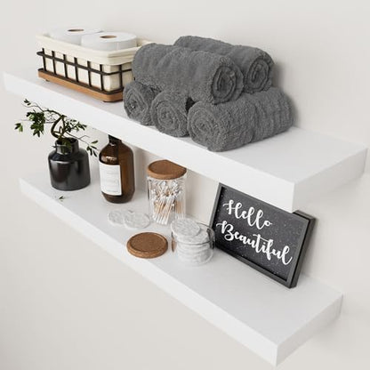 Solid Wood Floating Shelves for Wall 30 Inches Long, White Wooden Shelf | Real Wood, 30 Inch, Bathroom Shelf Large, Heavy Duty, Wall Mounted, Kitchen Bedroom Thick, White Finish, 30W × 6.7D, Set of 2 - color: White, size: 30 Inch
