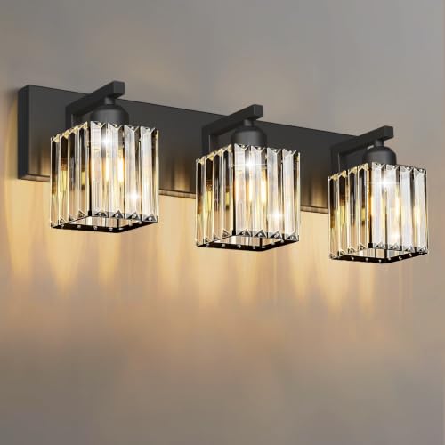 Black Crystal Bathroom Vanity Light, 3-Light Modern Bathroom Lighting Fixtures Over Mirror, Matte Black Wall Sconce Light Fixtures with Square Shade - color: Black-Square Shade, size: 3-LIGHT