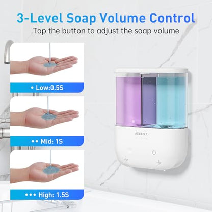 Touchless Wall Mounted Dual Automatic Soap Dispenser – 2 x 17 fl oz. Chambers Rechargeable Liquid Soap Dispenser Prefect for Bathroom & Kitchen (White)