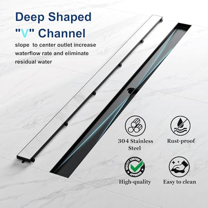 Neodrain 54-Inch Linear Shower Drain-Matte Black,with Tile Insert Grate | 304 Stainless Steel, Fast Drainage, Rectangle Shower Floor Drain with Leveling Feet & Hair Strainer, Fits Bathroom, Balcony - color: Matte Black, size: 54 IN