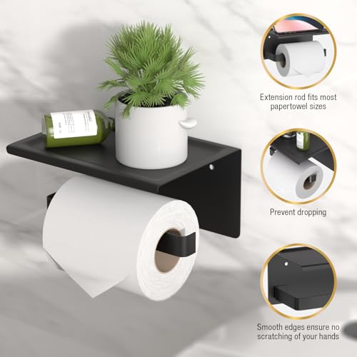 HITSLAM Toilet Paper Holder with Phone Shelf Matte Black, Adhesive or Screw Wall Mount Toilet Paper Roll Holder, Rustproof Stainless Steel Toilet Tissue Holder for Bathroom, Kitchen - color: Black