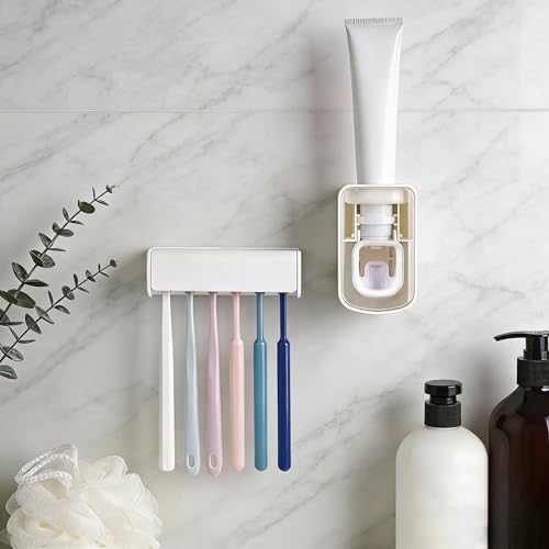 Toothbrush Holder Wall Mounted with Cover for Bathroom, 6 Slots Toothbrush Storage Organizer for Shower, Self Adhesive Toothbrush Hanger with Automatic Toothpaste Squeezer Dispenser (White) - size: Combination A