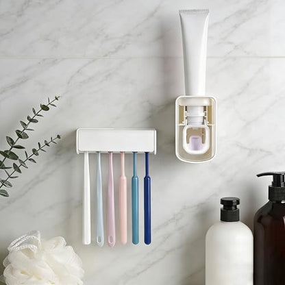 Toothbrush Holder Wall Mounted with Cover for Bathroom, 6 Slots Toothbrush Storage Organizer for Shower, Self Adhesive Toothbrush Hanger with Automatic Toothpaste Squeezer Dispenser (White) - size: Combination A