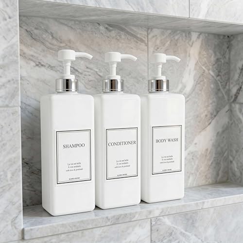 Modern Gold Design Pump Bottle Set 27 oz Refillable Shampoo and Conditioner Dispenser Empty Shower Plastic Bottles with Pump for Bathroom Lotion Body wash, Pack of 3 (White & Silver) - color: White & Silver