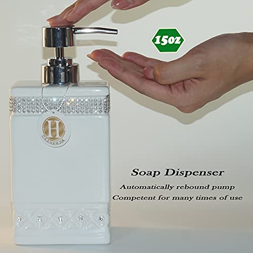 Bathroom Accessories Set 4 Pcs-Ceramic Gift Set Soap Dispenser Pump & Toothbrush Holder & Tumbler Cup & Soap Dish - Bathroom Home Decor Clearance, Countertop Vanity Organize (15 Ounce) - size: 15 Ounce White