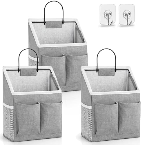 Kanrichu 3pcs Wall Hanging Organizer Bag, Linen Fabric Door Hanging Storage Basket with Pockets, Waterproof Bin for Kitchen, Bedroom, Office, RV Camper (Gray) - color: Gray-Small (3 pcs)