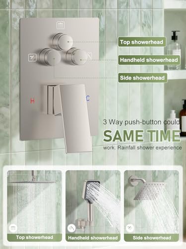 Woindo Shower Faucet Set, 10" Ceiling Mount Rainfall Shower System with 2 Rain Shower Head and Multi-function Handheld Head Push Button Diverter Shower Faucet Trim Kit - color: Brushed Nickel, style: 10"-Ceiling-01