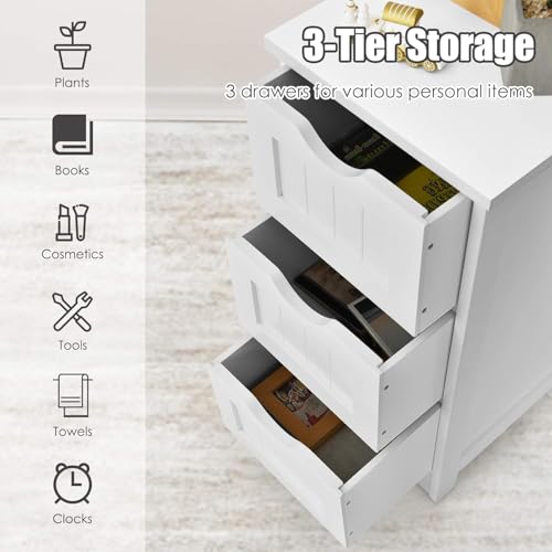 Floor Cabinet with 3 Drawers, Freestanding Side Storage Organizer, Wooden Storage Cabinet for Bathroom Home Office Living Room(White)