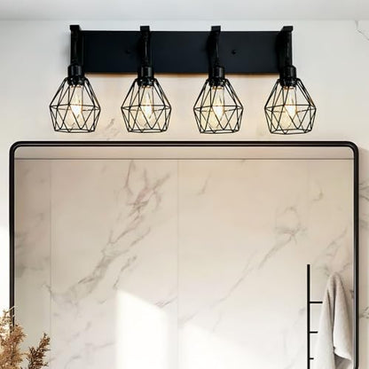 Somniferous 4 Light Bathroom Vanity Light, Farmhouse Bathroom Light Fixtures Over Mirror, Black Vanity Light with Caged Metal Shade, Rustic Wall Light Fixture for Bedroom, Living Room, E26 Socket - size: 4-Light