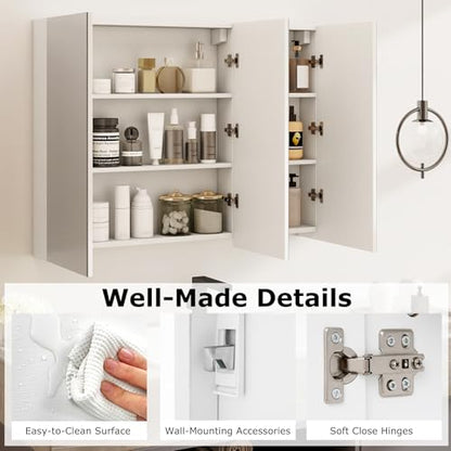 Tangkula Mirrored Medicine Cabinet, Large Wide Wall Mounted Storage Cabinet with 3 Mirror Doors, Hanging Bathroom Organizer, White, 34.5 x 5 x 25.5 Inches - size: 34.5 x 25.5 Inch