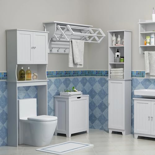 Redmon Louvered Double Doors Over the Toilet Space Saver Storage Cabinet (Full Side Panels), Adjustable Center Shelf, 23.50 Inch Width x 63.00 Inch Height, White Semi Gloss Enamel Finish