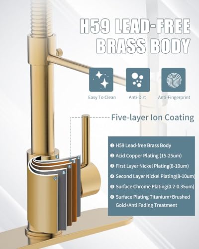 LED Kitchen Faucet, Brushed Gold Kitchen Faucet with Soap Dispenser and Deck Plate, Faucet for Camper Farmhouse RV Kitchen Sink, Single Handle Kitchen Sink Faucets with Pull Down Sprayer - color: C-Brushed Gold, style: Rustic