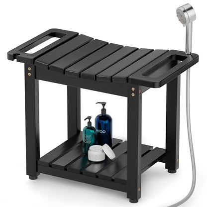 Bluewest 23.4I NCH Shower Bench Seat with Storage Shelf and Handle, Black | Waterproof Bathroom Spa Bench for Sitting Inside the Shower and Shaving Legs, with a Built-In Handle and Shower Head Holder. - size: 2 Tier - Black