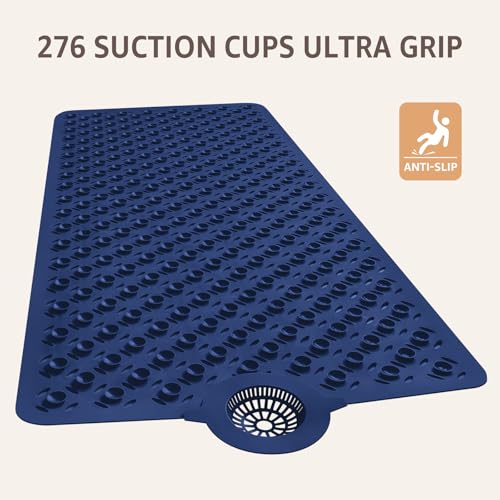 OTHWAY Bath Mat for Tub Non Slip: 39" X 17" Long Bathtub Mat with Hair Catcher│Big Drain Holes Shower Mats for Inside Shower│Machine Washable (Navy Blue) - color: Navy Blue