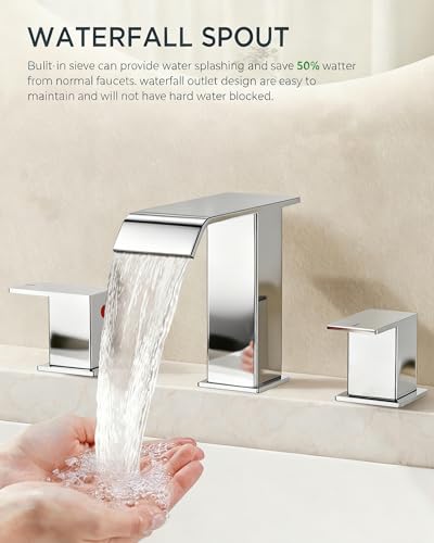 FORIOUS Bathroom Faucet 3 Hole 8 Inch Widespread Vanity Sink Faucets Chrome | 3-hole 4-12 Inch Widespread Sink, Square Waterfall Spout, with Drain and Hoses,for Vanity Rv Commercial Lavatory Restroom - color: Chrome