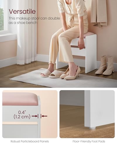 VASAGLE KAILYN Collection - Velvet Vanity Stool, Upholstered Makeup Stool, Modern Footrest with Anti-Slip Pads, for Makeup Room, Bedroom, Entryway, Matte White and Jelly Pink URDS001W01S - style: 17.7"W Vanity Stool-Matte White + Jelly Pink