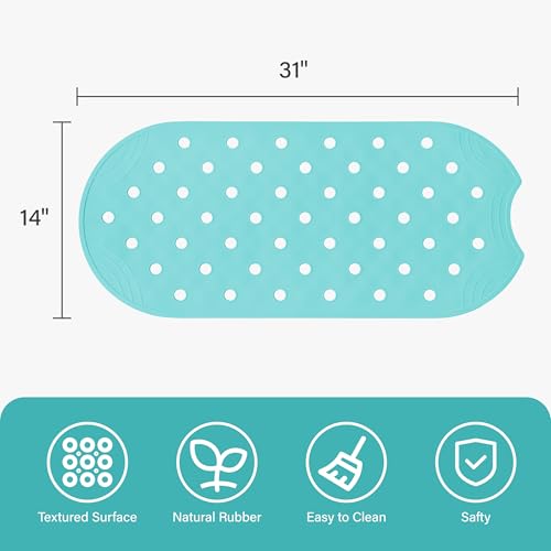 Rubber Bathtub Mat Shower Mat Non-Slip, 31x14 Inch, Bath Tub Floor Mat with Suction Cups and Drainage Holes, Turquoise - color: Turquoise, size: 31" x 14" (Oval)