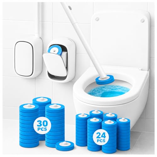 CiLoN Toilet Cleaning System Bundle, Wall Mounted Disposable Toilet Bowl Brush & Holder with 54 Carry Detergent Refills, 5-Layer Rich Foam Sponge Heads, Ocean Breeze Preloaded Scrubbing Pads Value Pac