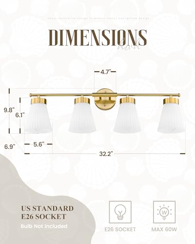 Bathroom Light Fixtures Brushed Gold, HWH 4 Light Vanity Lights Over Mirror, Modern Wall Lamp Bathroom Lighting with Frosted White Striped Glass, 5HZG97B-4W BG - color: Brushed Gold, size: 4-Light