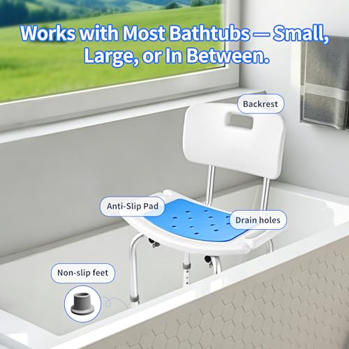 Shower Chair with Back, 300 lbs Capacity Heavy Duty Bath Seat, 6-Level Adjustable Height Shower Seat for Inside Shower, Tool-Free Assembly Aluminum Shower Stool with Back for Elderly Adults