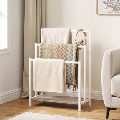 HOOBRO Free Standing Towel Rack, 3 Tier Blanket Rack, Blanket Holder for Bathroom, 23.6" L x 11" W x 31.9" H, Industrial Metal Drying and Display Rack with Shelf, White and Grey WG06LB01 - color: White + Grey, size: 23.6" L x 11" W x 31.9" H