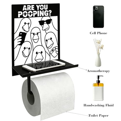 Funny Duck Wall Mounted Toilet Paper Holder with Shelf, are You Pooping Duck Black Metal Toilet Paper Stand Bathroom Decor Sign, Unique Rustic Bathroom Accessories for Home Cabin Farmhouse