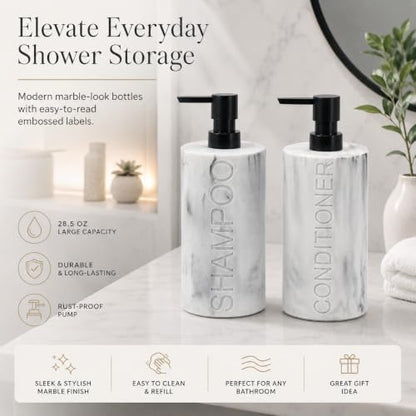 Marble Resin 2 Piece Shampoo and Conditioner Dispenser Set, Luxurious Refillable Pump Bottles with Matte Pump Top and Embossed Text, Durable Design for Bathroom and Shower - color: 2pack Marble Shampoo and Conditioner Set