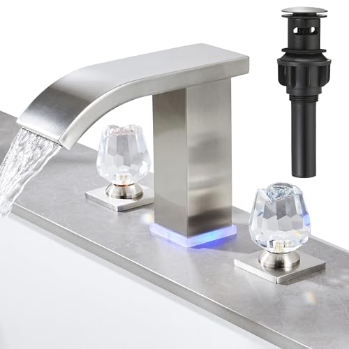 Bathroom faucets 3 Hole Widespread Brushed Nickel Bathroom Sink Faucet 8 inch LED Light Modern 3 Hole Vanity Faucet Bathroom with Pop Up Drain (Brushed Nickel) - color: Brushed Nickel