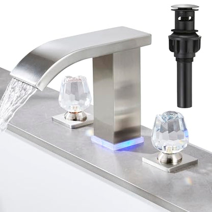 Bathroom faucets 3 Hole Widespread Brushed Nickel Bathroom Sink Faucet 8 inch LED Light Modern 3 Hole Vanity Faucet Bathroom with Pop Up Drain (Brushed Nickel) - color: Brushed Nickel