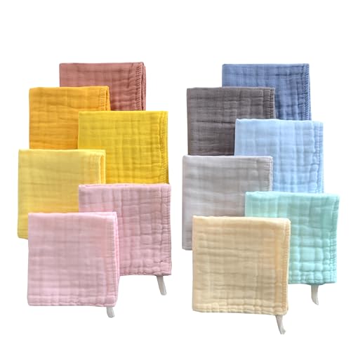 Colorful Baby Washcloths - Muslin Cotton Wash Cloths for Babies, Ultra Soft Newborn-Toddler-Infant-Child Washcloths Burp Cloths.12 Pack Face Bath Towels Reusable for Unisex Baby.