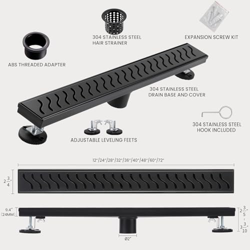 Linear Shower Drain, 32 inch Matte Black | Including Hair Catcher and Removable Grate, 304 Stainless Steel, Easy to Install and Clean (Drain Base Not Included) - color: Matte Black, size: 32 inch
