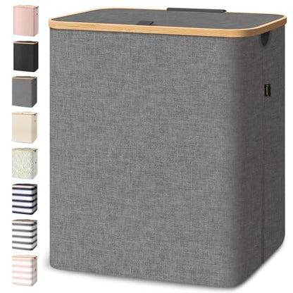 BALEINE Laundry Hamper with Lid, Tall Laundry Baskets with Bamboo Pull Handles, Large Laundry Bin with Internal Support (36 Gal/140L, Grey) - color: Grey, size: 140 liters
