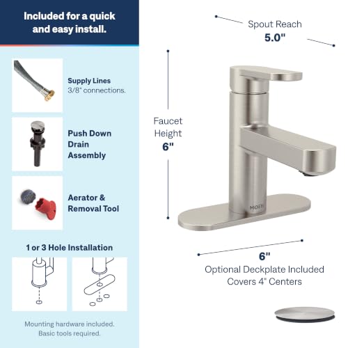 Moen Laris Spot Resist Brushed Nickel One-Handle Single Hole Modern Bathroom Sink Faucet with Optional Deckplate and Spring Loaded Drain Assembly, 84014SRN - color: Spot Resist Nickel