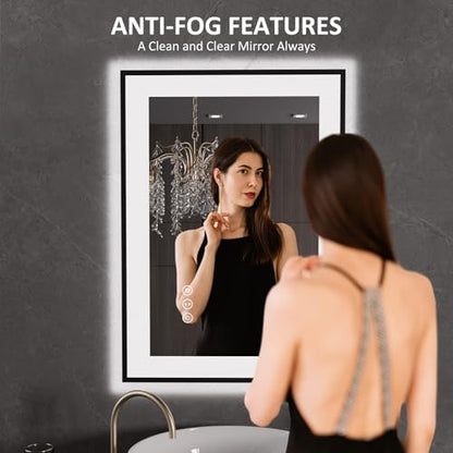 LOAAO 20"X28" LED Bathroom Mirror Black Framed | Anti-Fog, Dimmable, Memory Function, Tempered Glass, Lighted Vanity Mirror for Wall - size: 20"L x 28"W