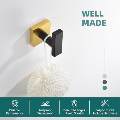 Angle Simple Towel Hook Black & Gold, Stainless Steel Bathroom Towel Holder, Robe Hook, Kitchen Towel Hanger, Wall Mount | Rustproof Stainless Steel, Wall Hook Holds Hat Dog Leash Bag Key, Hand Towel Holder for Kitchen Entryway Garage, Screw Mount - color