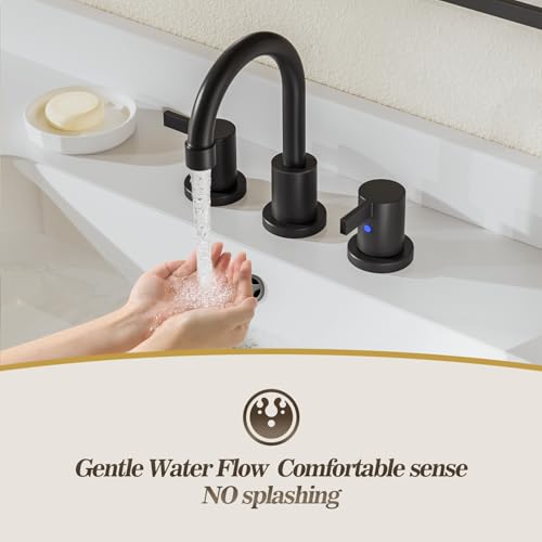 8 Inch 3-Hole Matte Black Widespread Bathroom Sink Faucet with Valve and Metal Pop-Up Drain Assembly, 2-Handle Low-Arch Bathroom Faucets Three Hole, WF15-1-MB